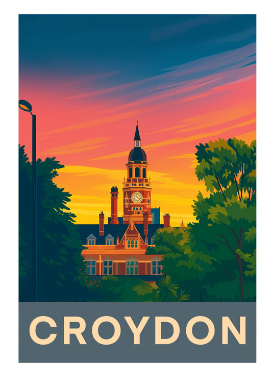retro travel poster art print of the clock tower Town Hall Katharine Street Croydon Surrey with a sunset