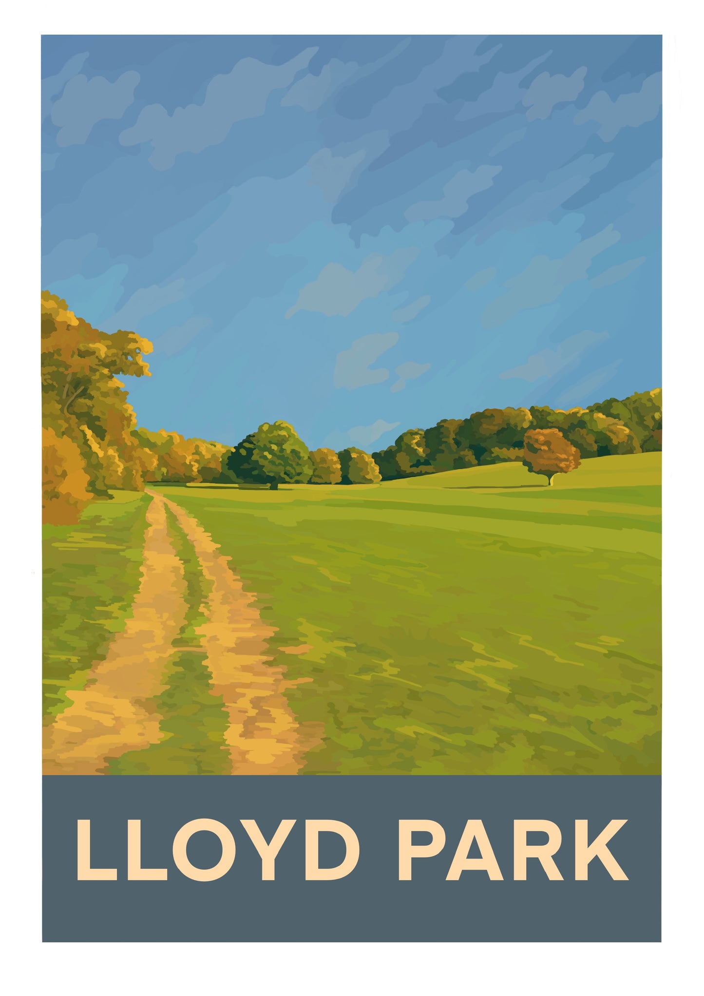 Framed retro travel poster style art print of Lloyd Park Croydon Surrey with blue sky and field