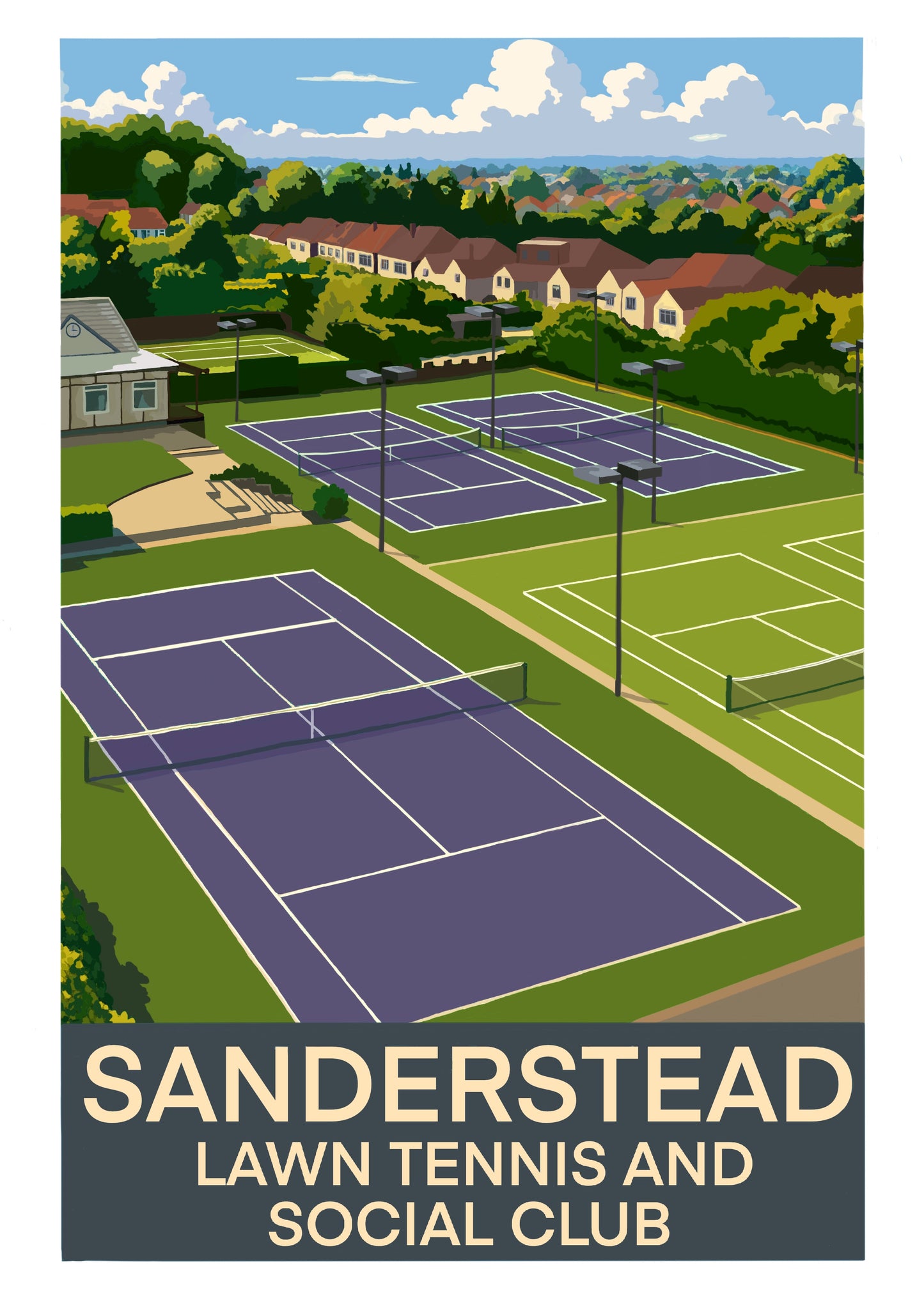 retro travel poster style art print of tennis courts at Sanderstead Lawn Tennis and Social Club with surrounding greenery and houses.