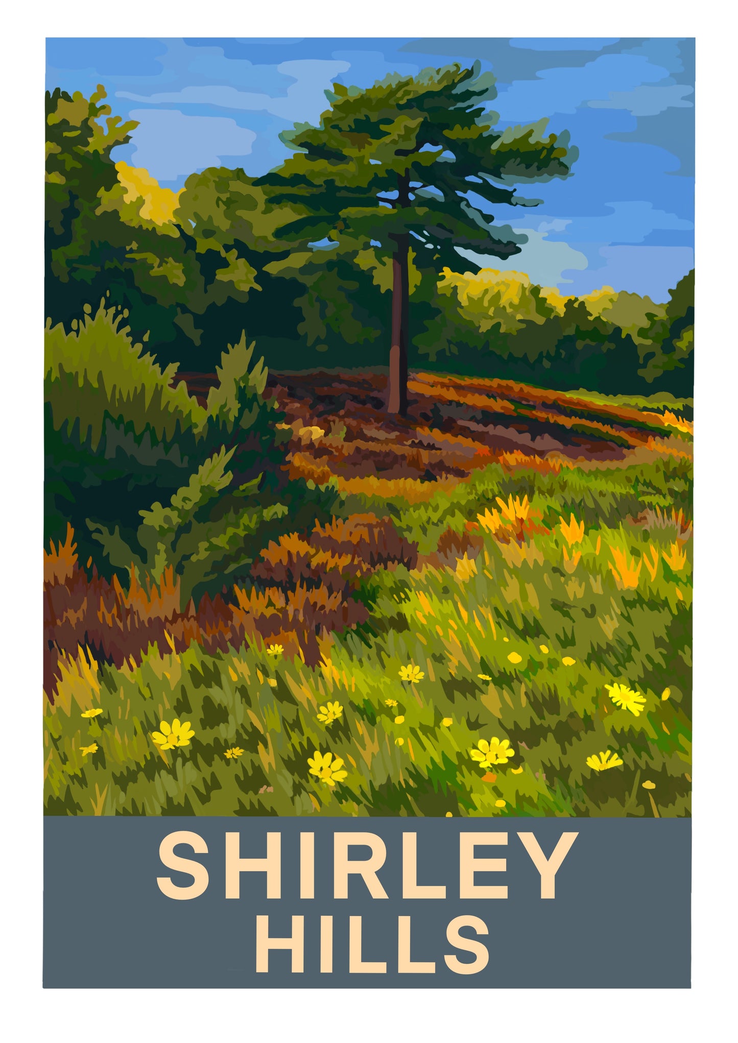 Retro travel poster art print of Shirley Hills, Croydon, Surrey on a summer's day with heathland and wildlowers