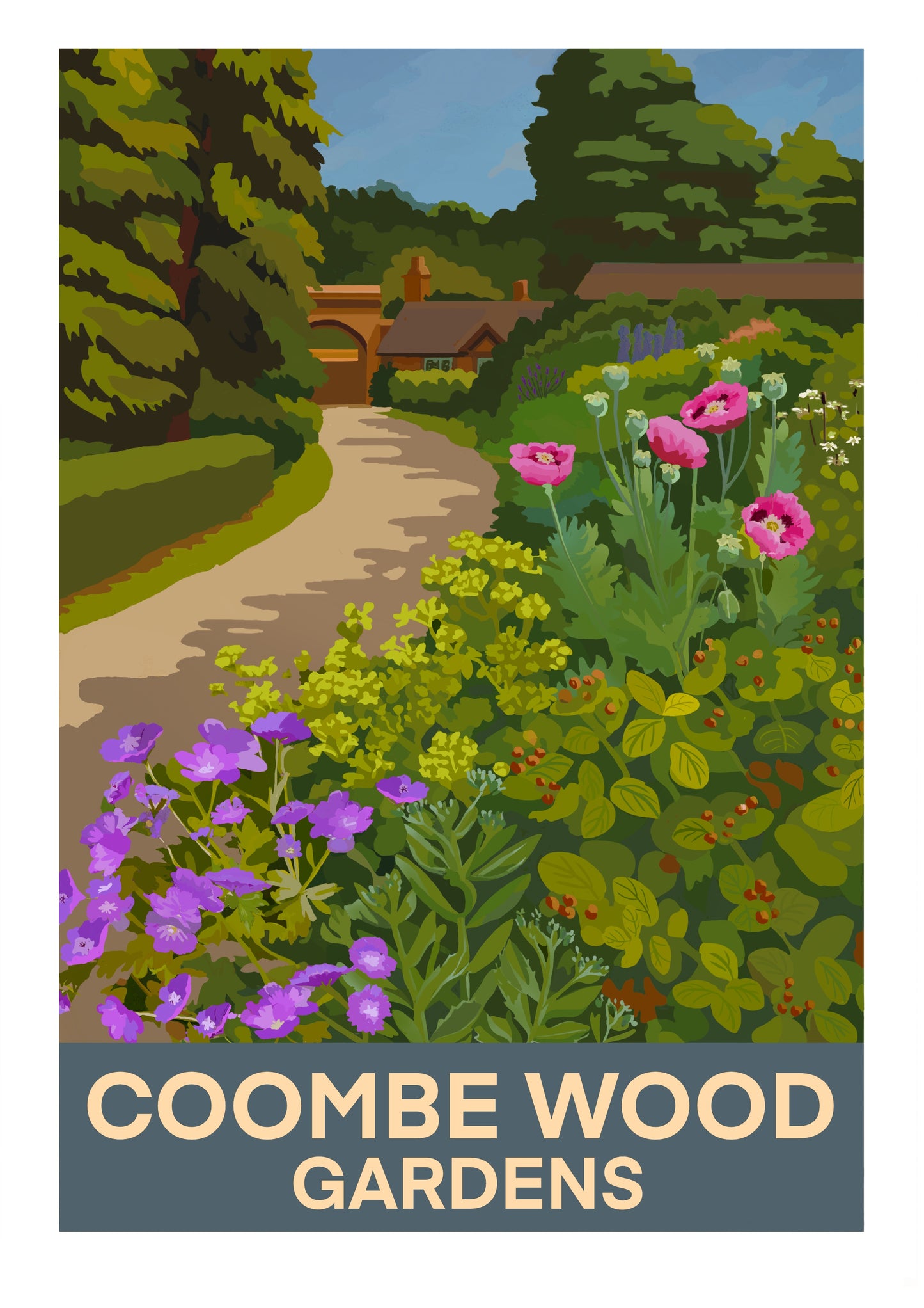 retro style local art poster print of Coombe Wood Gardens South Croydon Surrey with a path, flowers, and Coach House cafe