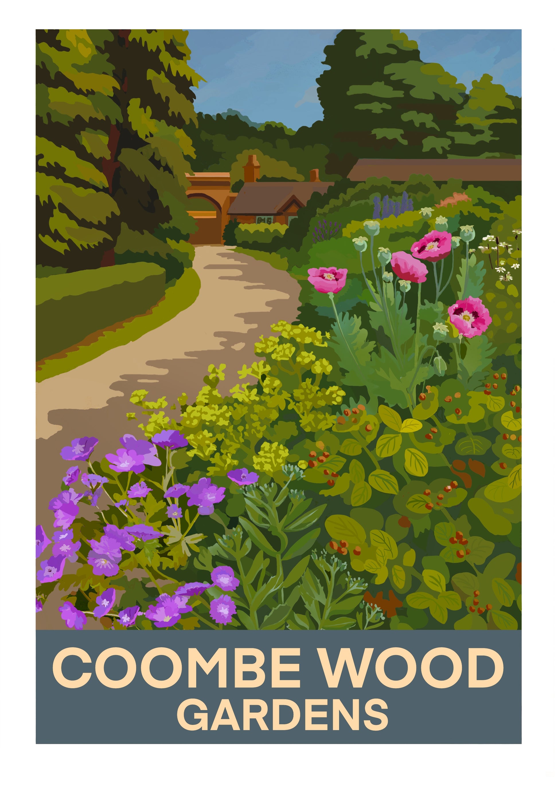 retro style local art poster print of Coombe Wood Gardens South Croydon Surrey with a path, flowers, and Coach House cafe