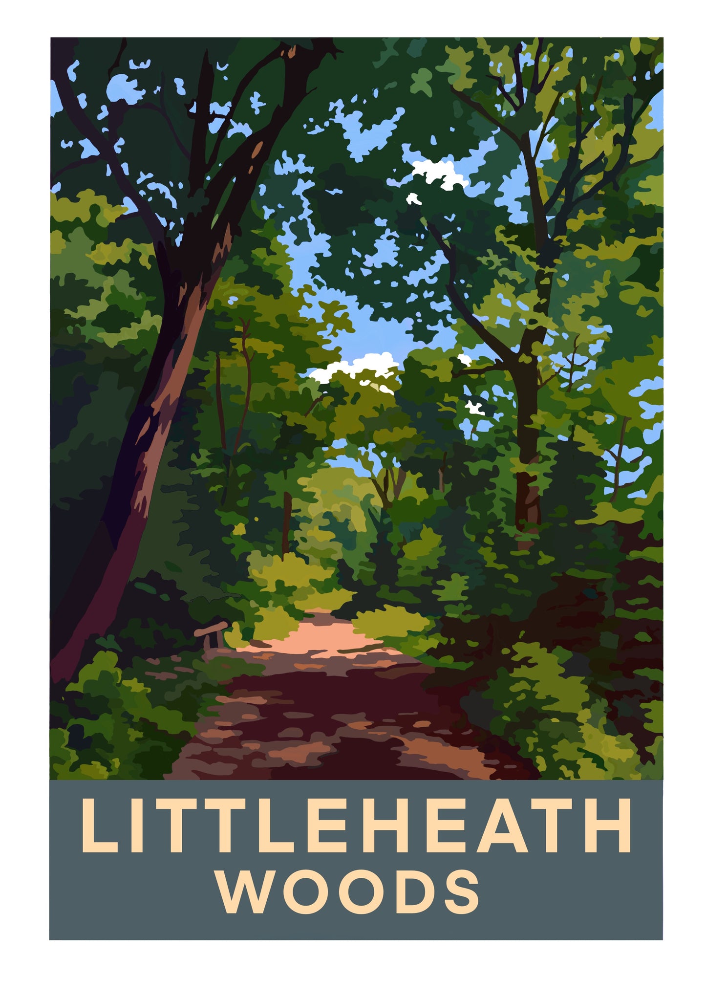  retro travel poster artwork of Littleheath Woods in Selsdon Forestdale Croydon Surrey showing a woodland path