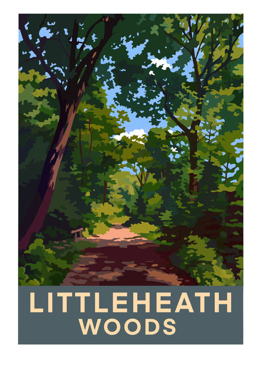  retro travel poster artwork of Littleheath Woods in Selsdon Forestdale Croydon Surrey showing a woodland path