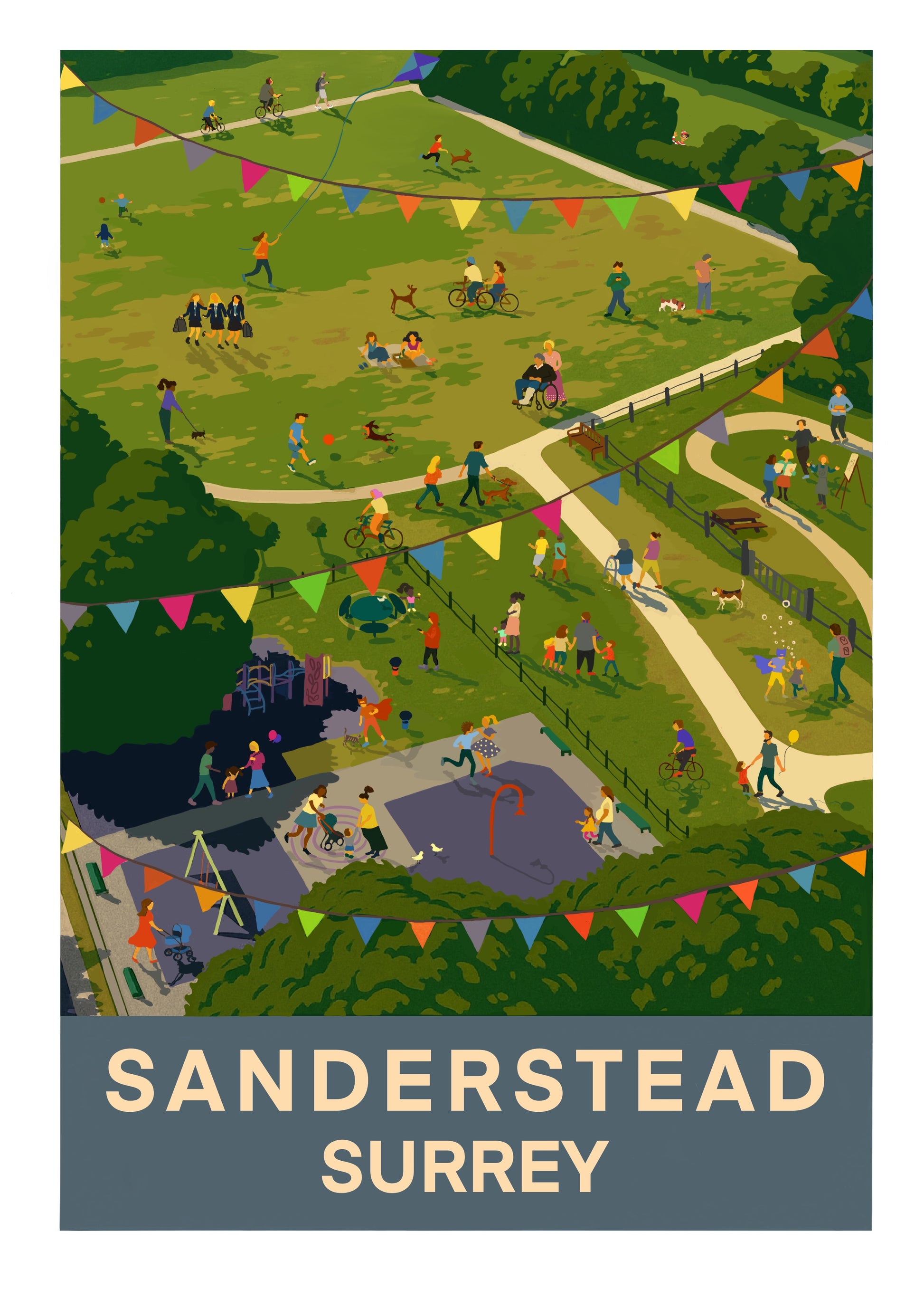  retro travel poster style art print of Sanderstead recreational ground Croydon Surrey with people and festive bunting