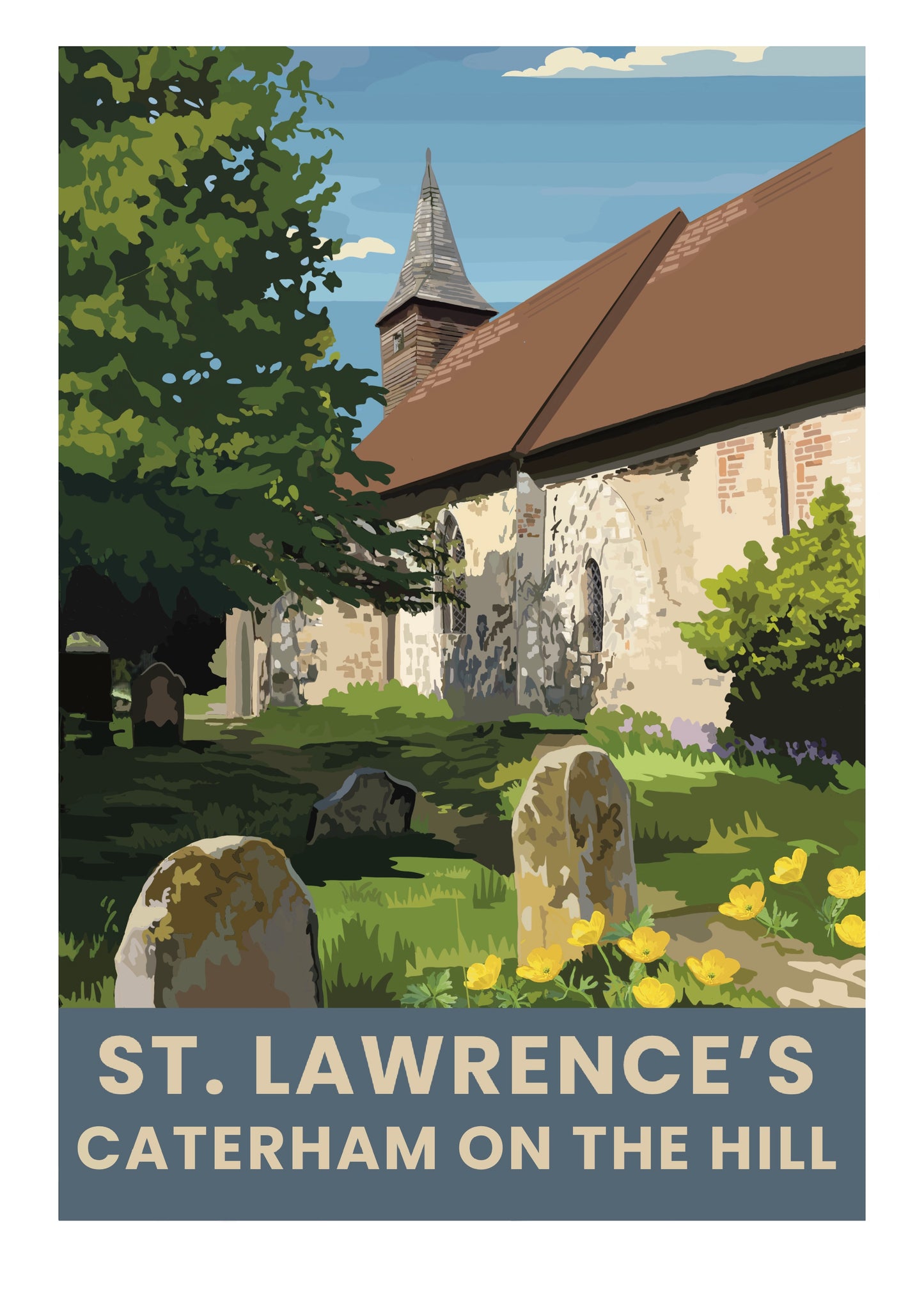 St Lawrence's ancient church, Caterham-on-the-Hill Surrey retro art print