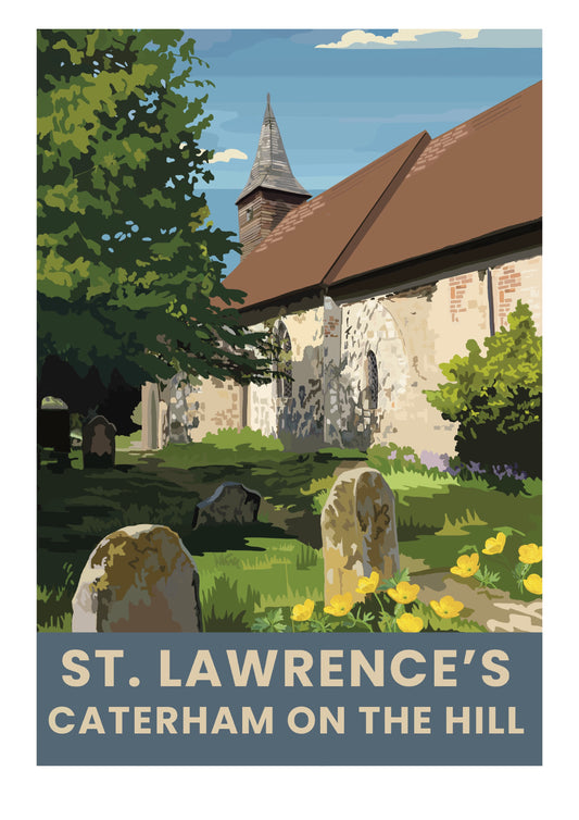 St Lawrence's ancient church, Caterham-on-the-Hill Surrey retro art print