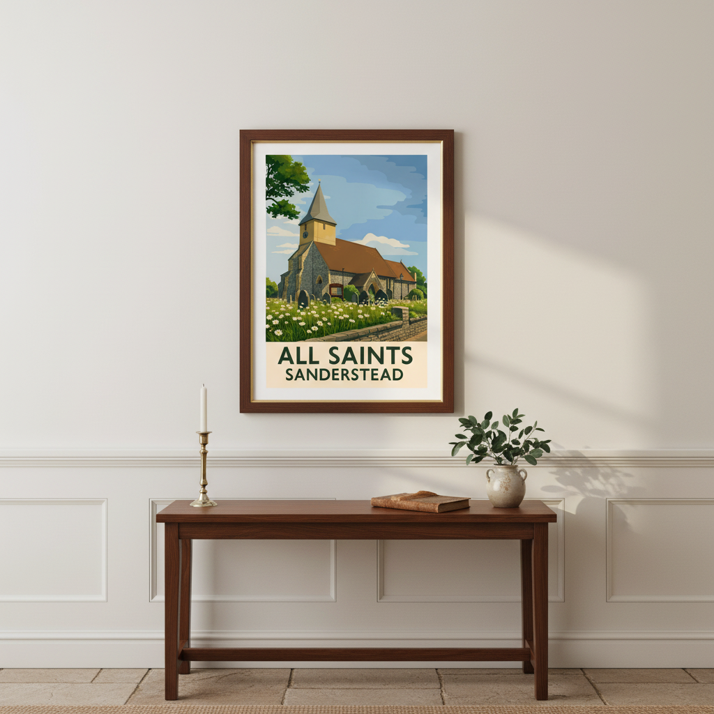 framed retro travel poster art print of All Saints Church Sanderstead Surrey