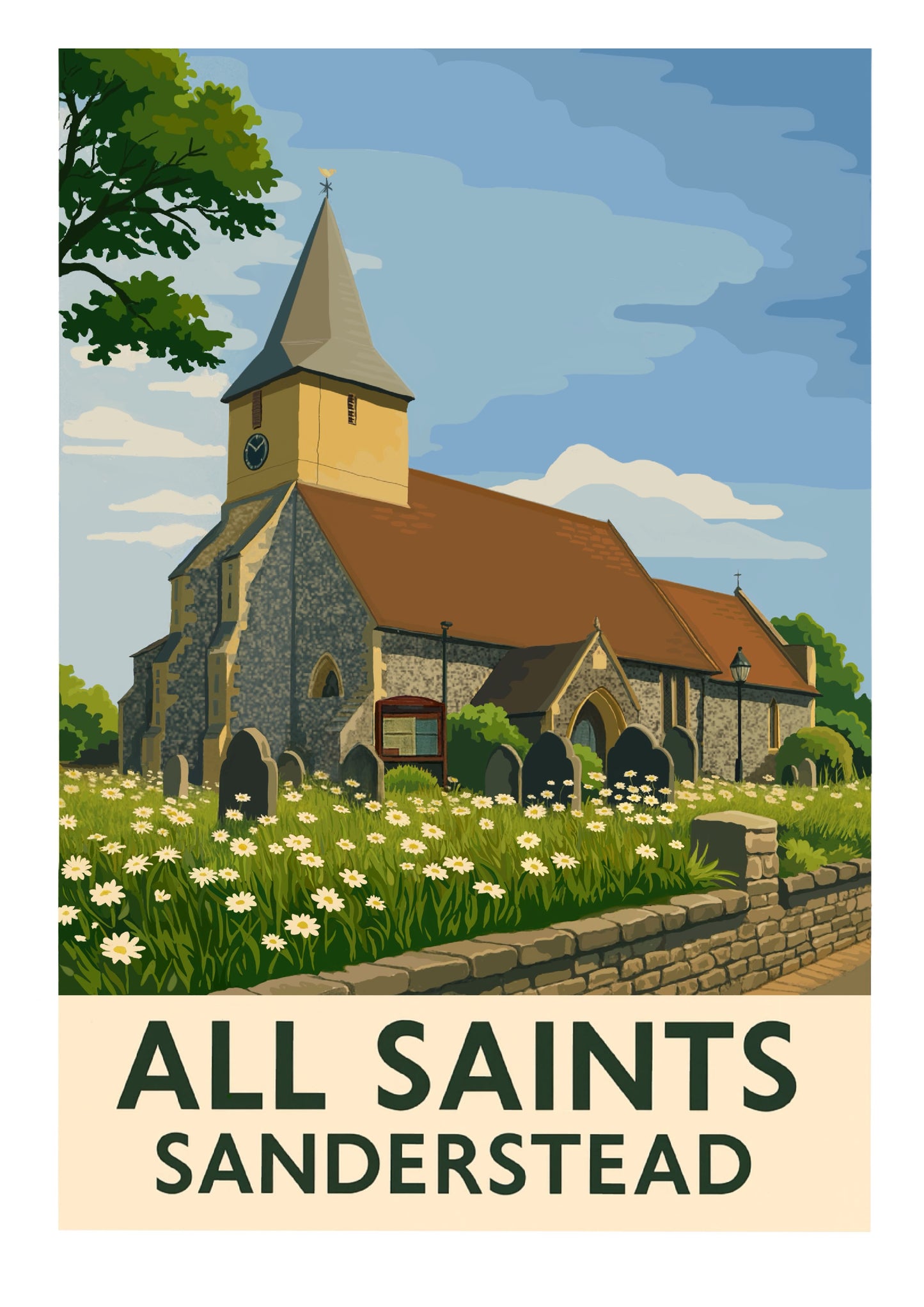 retro travel poster art print of All Saints Church Sanderstead Surrey
