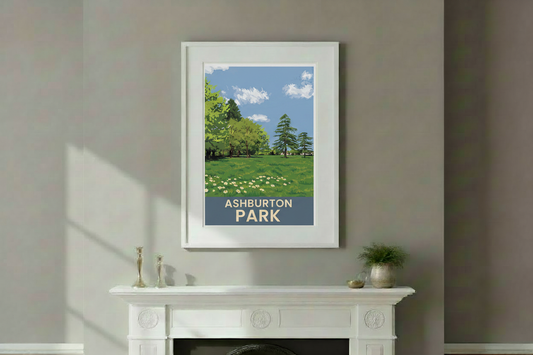 Ashburton Park print in a white frame above an ornate Victorian fireplace