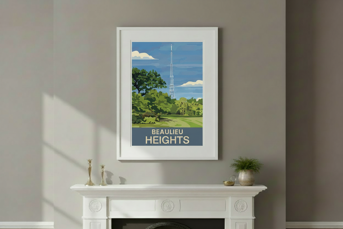 Beaulieu Heights print in a white frame above an ornate Victorian fireplace