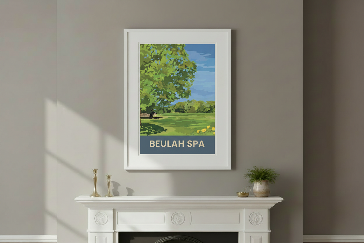 Beulah Spa print in a white frame above an ornate Victorian fireplace