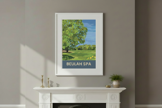 Beulah Spa print in a white frame above an ornate Victorian fireplace