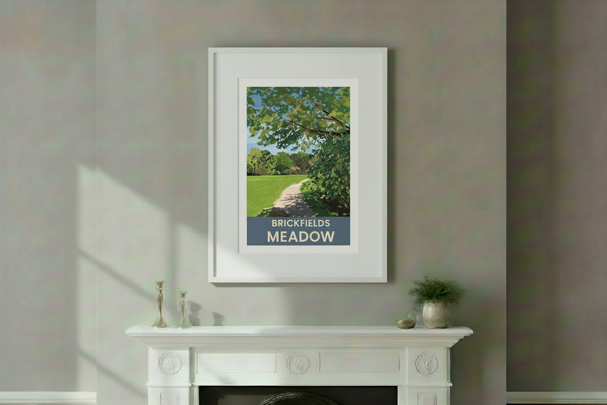 Brickfields Meadow print centred in an even white mount above an ornate Victorian fireplace