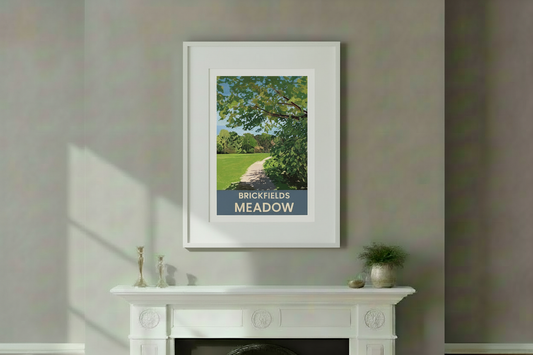 Brickfields Meadow print centred in an even white mount above an ornate Victorian fireplace