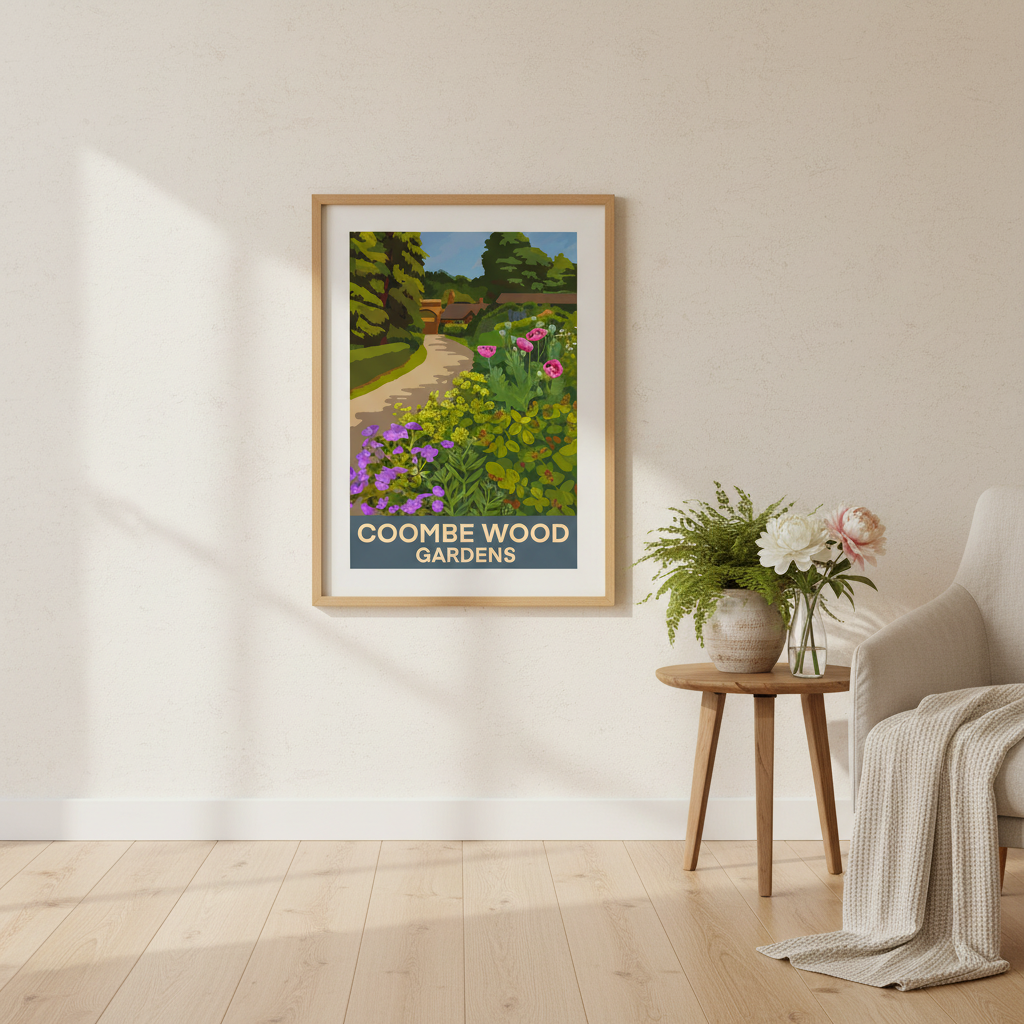 Framed retro style local art poster print of Coombe Wood Gardens South Croydon Surrey with a path, flowers, and Coach House cafe in a room with a table and chair.