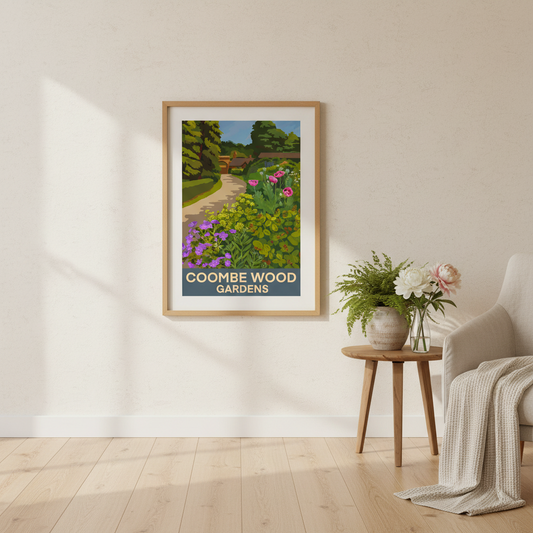 Framed retro style local art poster print of Coombe Wood Gardens South Croydon Surrey with a path, flowers, and Coach House cafe in a room with a table and chair.