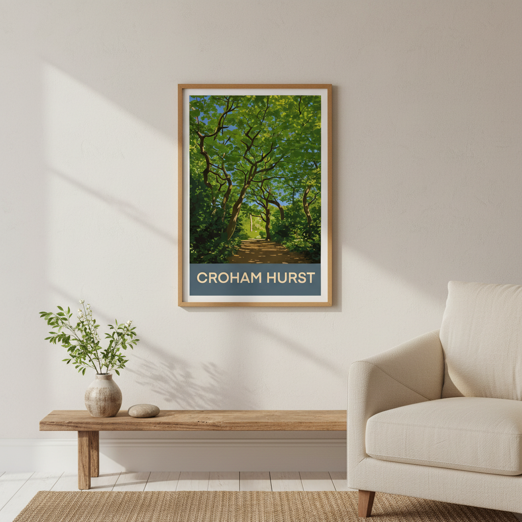 Framed retro travel poster art print of Croham Hurst South Croydon Surrey in living room