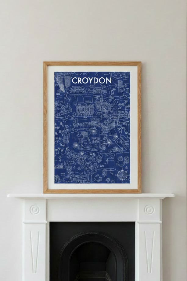 Croydon Navy Map – Thick Oak Frame Fireplace Mockup