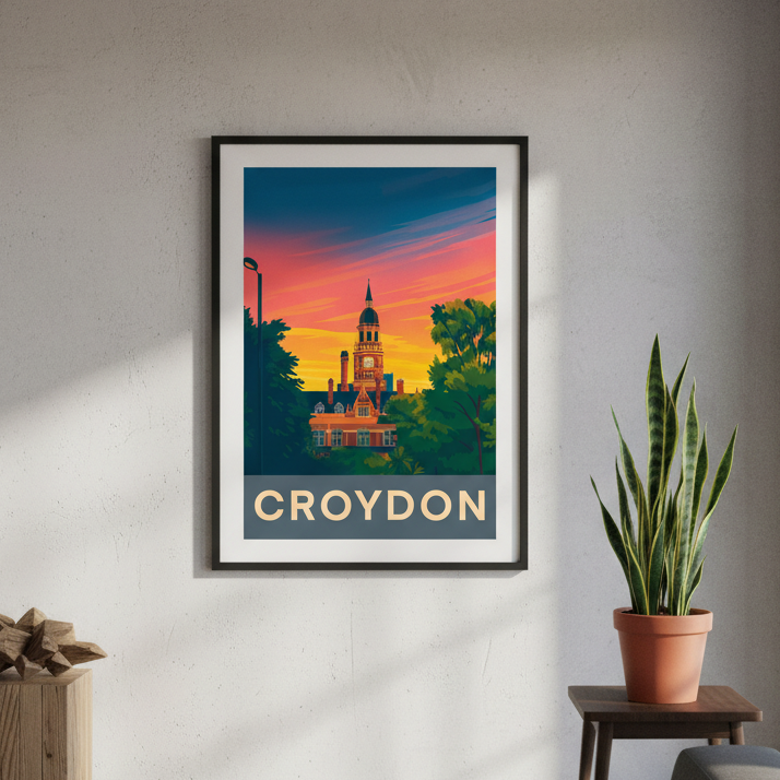 Framed retro travel poster art print of Town Hall Katharine Street Croydon Surrey with a sunset scene on a wall above a plant and decorative box.