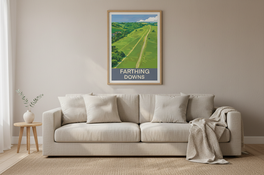 Farthing Downs Print Above Beige Sofa
