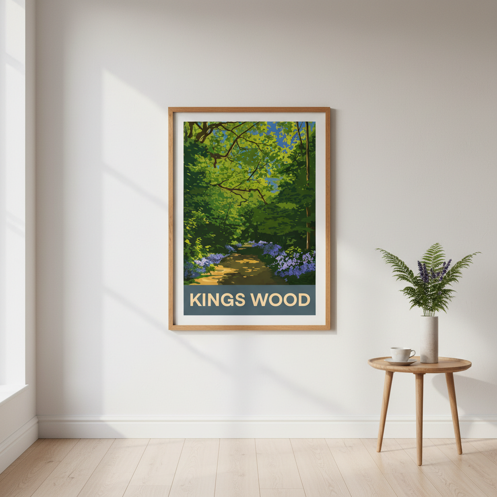 Framed retro travel poster art print of Kingswood Surrey Hamsey Green Selsdon with bluebells in a minimalist setting