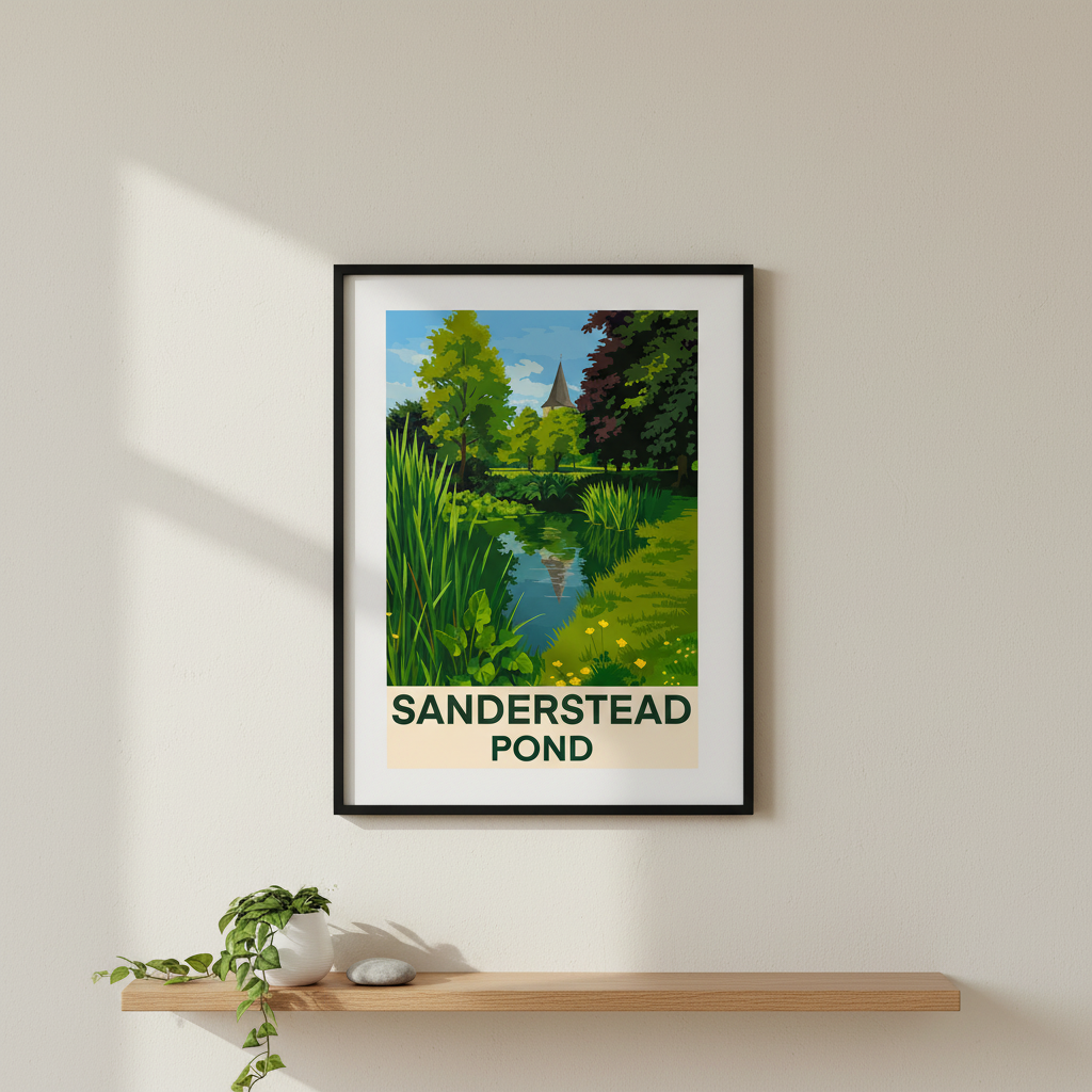 framed vintage travel poster of Sanderstead Pond South Croydon Surrey in hall above shelf