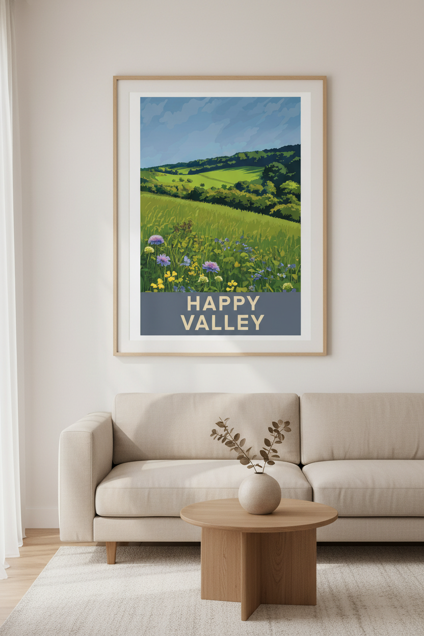 Happy Valley Print with White Mount in Living Room