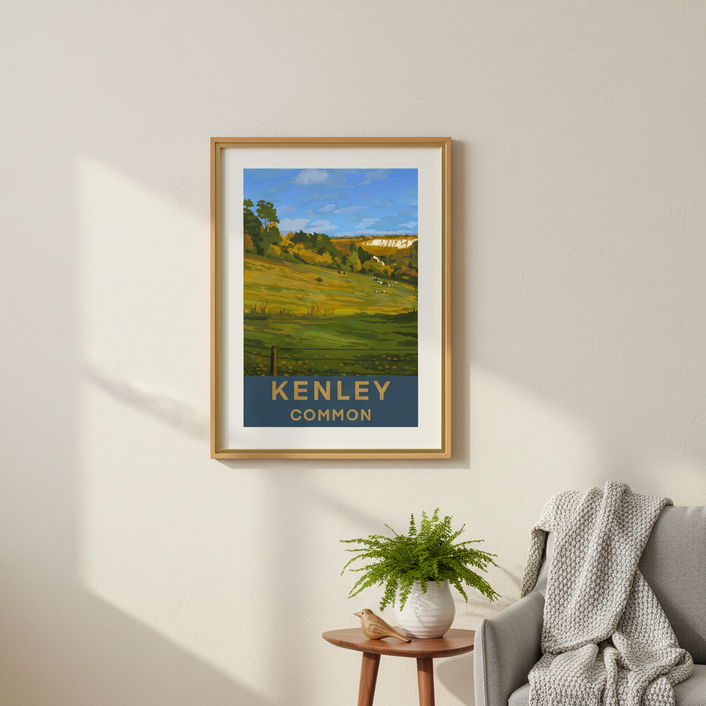 Framed art print retro travel poster of Kenley Common Croydon Surrey near Kenley Aerodrome on a wall