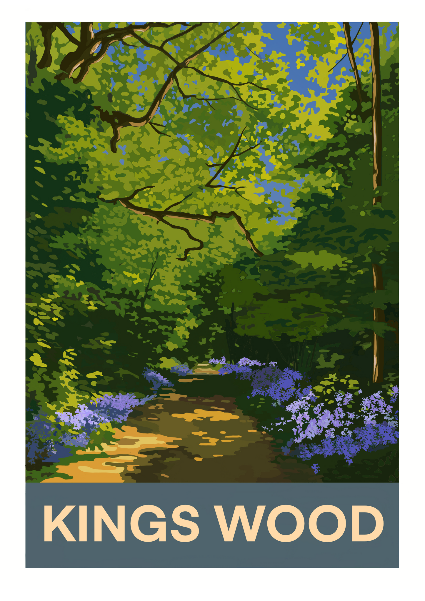  retro travel poster art print of Kingswood Surrey Hamsey Green Selsdon with bluebells
