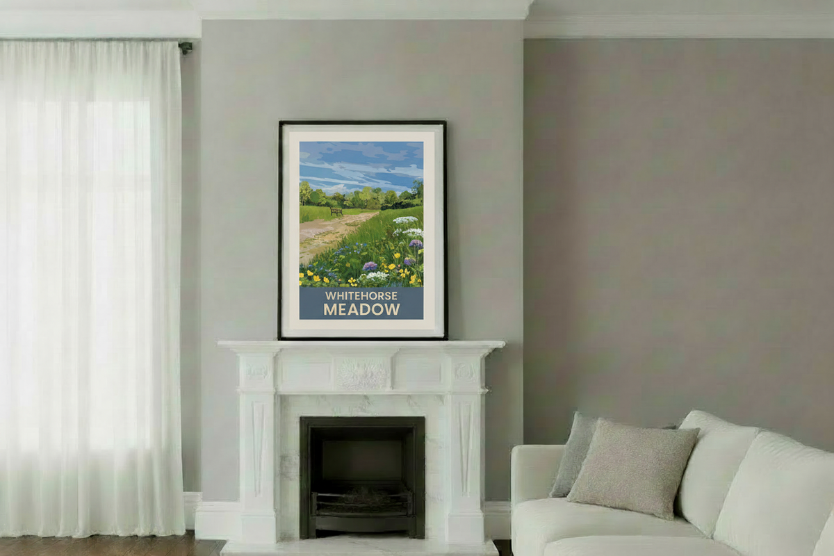 Lifestyle mockup with Whitehorse Meadow print