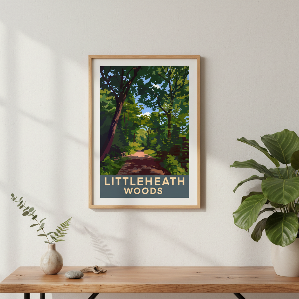 Framed retro travel poster artwork of Littleheath Woods in Selsdon Forestdale Croydon Surrey on a wall above a wooden table