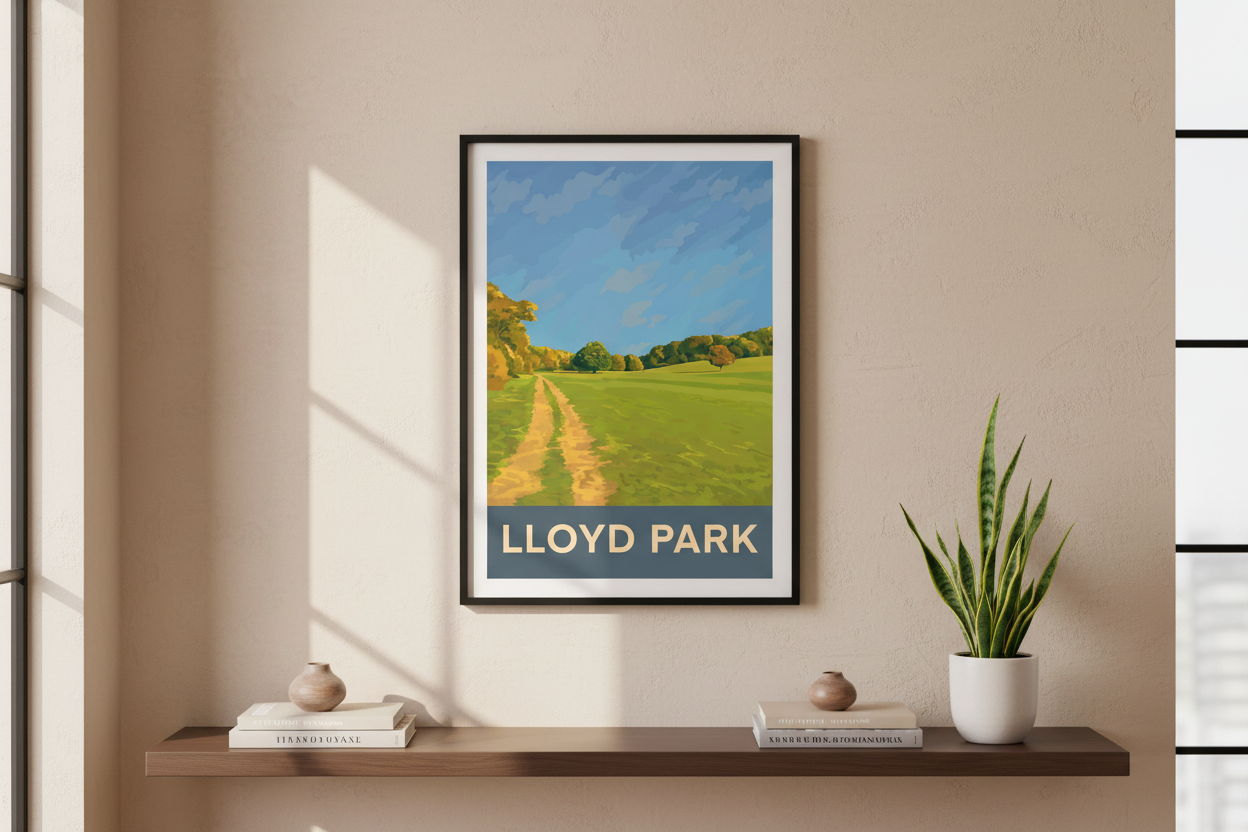 Framed retro travel poster style art print of Lloyd Park Croydon Surrey on a wall with a shelf below.