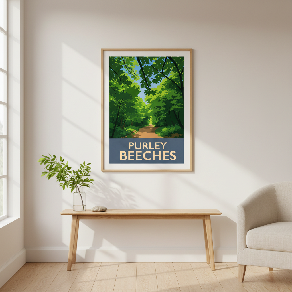Framed retro travel poster art print of Purley Beeches Sanderstead Surrey in a room with a table and chair.