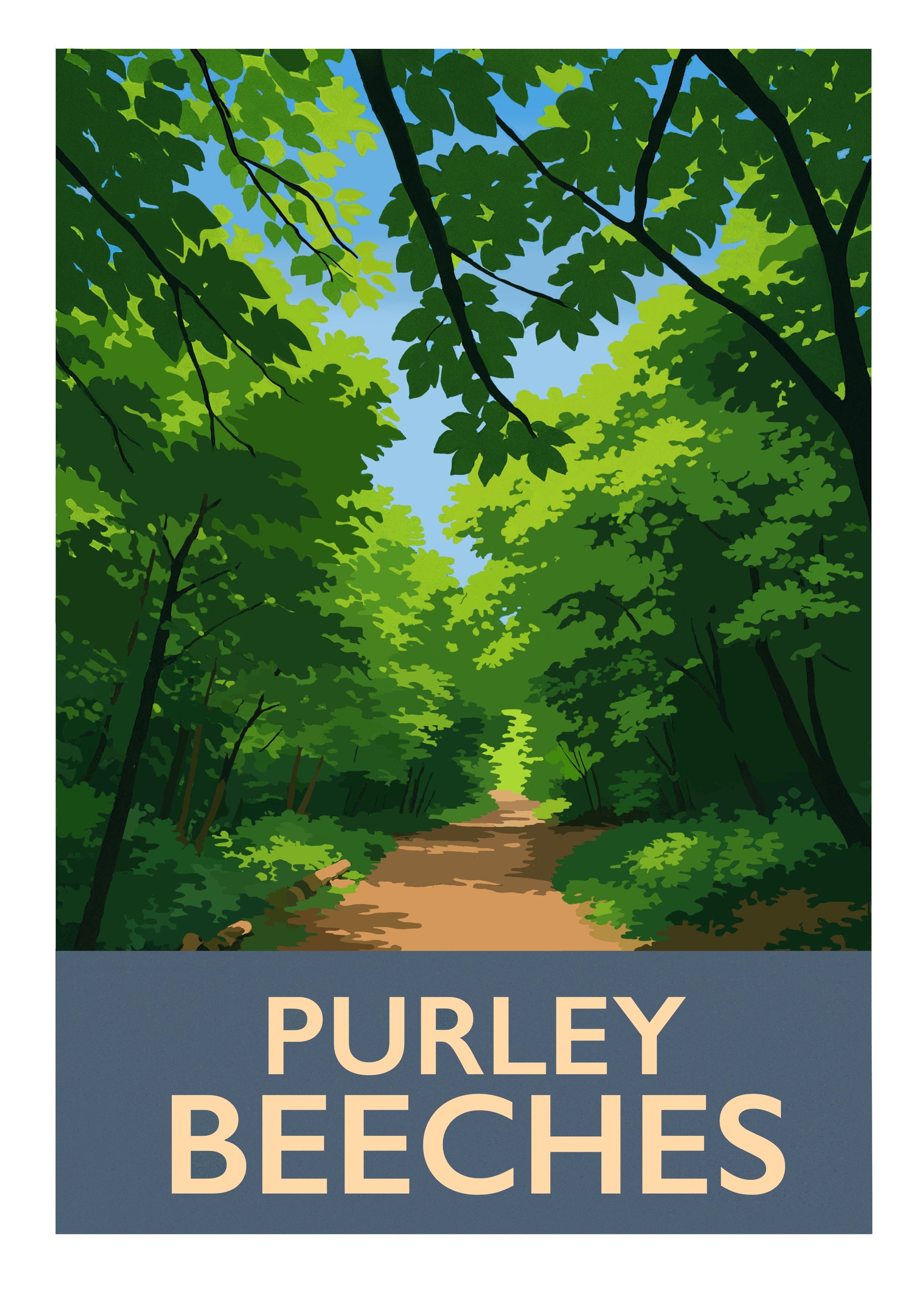 retro travel poster art print of Purley Beeches Sanderstead Surrey showing a woodland path
