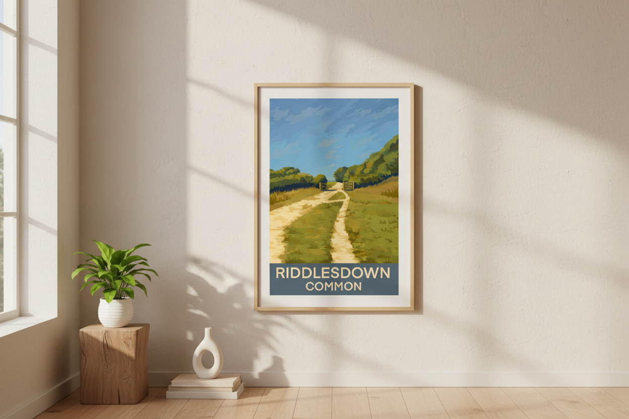 Framed art print retro travel poster of Riddlesdown Common Kenley Croydon Surrey on a wall in a bright room with sunlight.