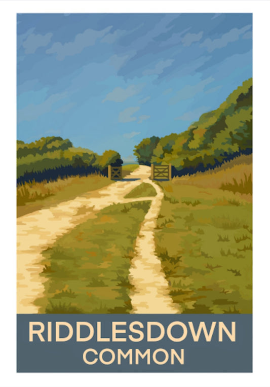Retro travel poster art print of Riddlesdown Common, Croydon, Surrey on a summer's day