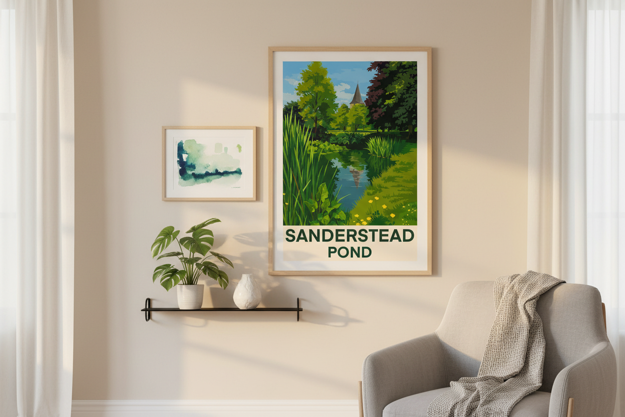 framed vintage travel poster of Sanderstead Pond South Croydon Surrey in living room