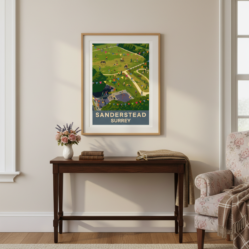 Framed retro travel poster style art print of Sanderstead Croydon Surrey on a wall with a console table and armchair below. Bunting and people in the image. 