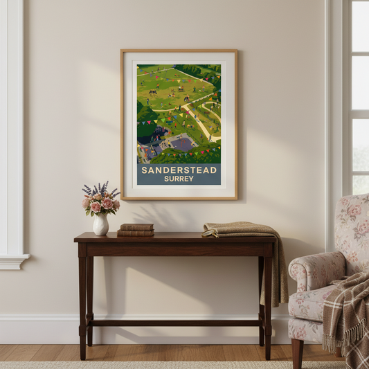 Framed retro travel poster style art print of Sanderstead Croydon Surrey on a wall with a console table and armchair below. Bunting and people in the image. 