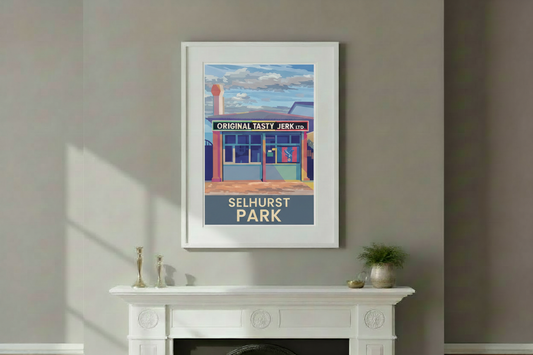 Selhurst Park Tasty Jerk print in a white frame above an ornate Victorian fireplace