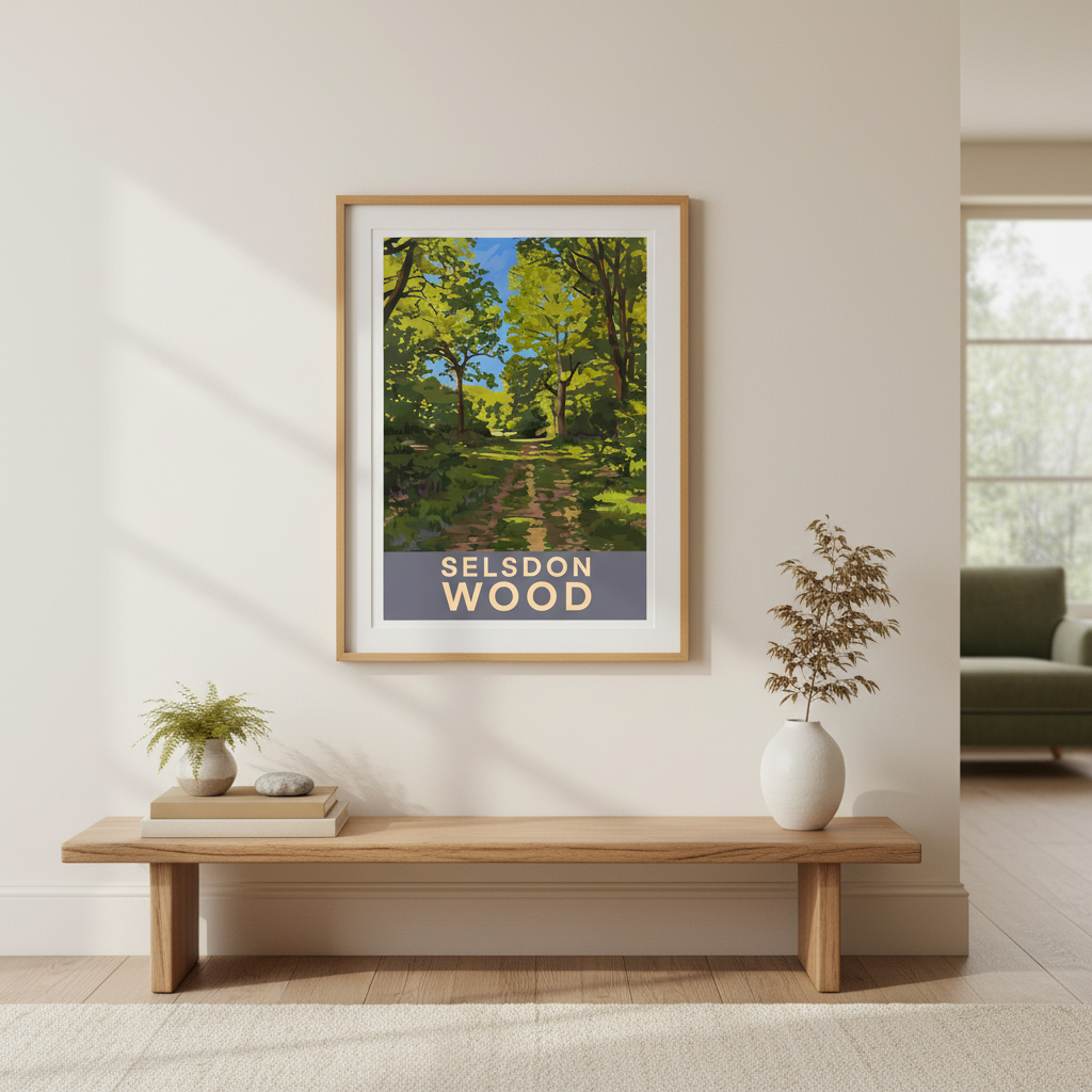 Framed retro travel poster art print of Selsdon Wood Forestdale Surrey in a modern living room setting.