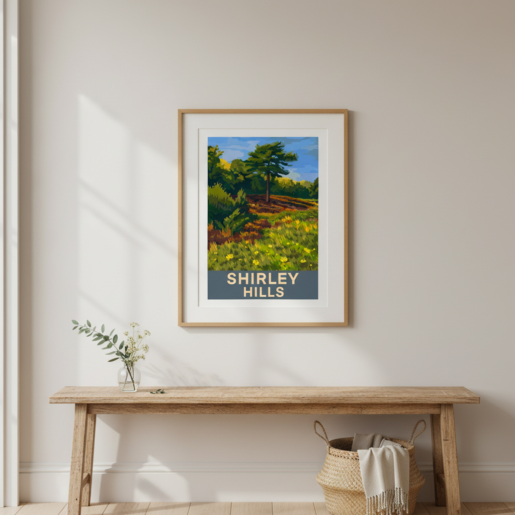 Framed retro travel poster art print of Shirley Hills with a wooden bench and decorative items in a room.