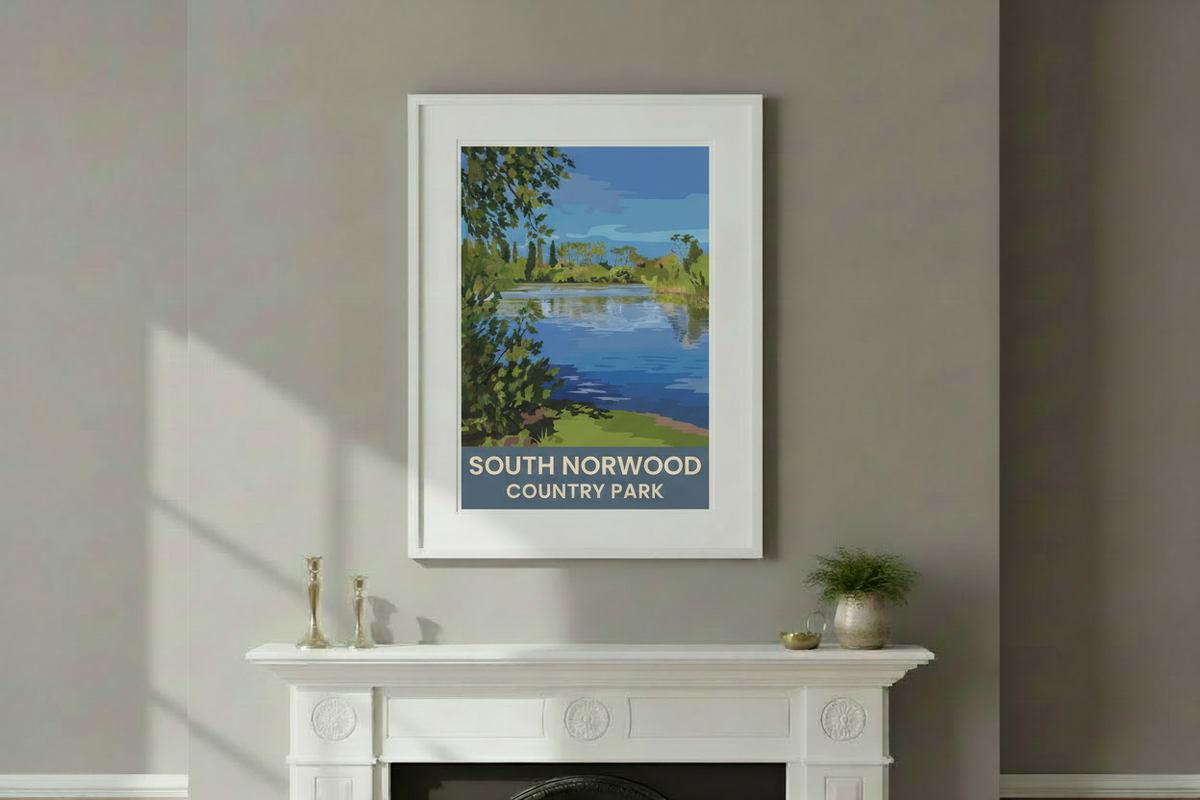 South Norwood Country Park print in a white frame above an ornate Victorian fireplace