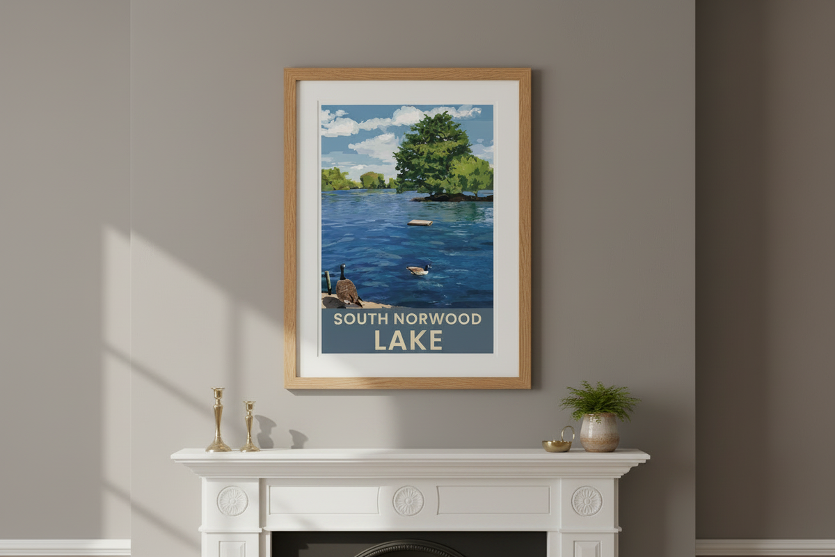 South Norwood Lake print with mid-grey wall and ornate white Victorian fireplace