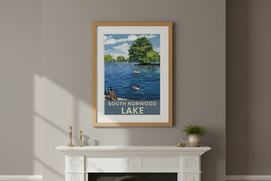 South Norwood Lake print with mid-grey wall and ornate white Victorian fireplace