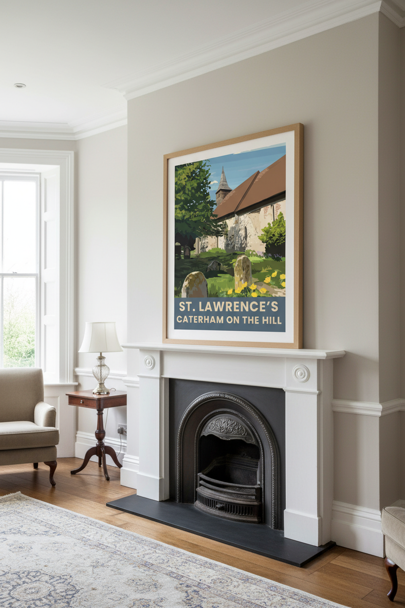 St Lawrence's ancient church, Caterham-on-the-Hill Surrey retro art print