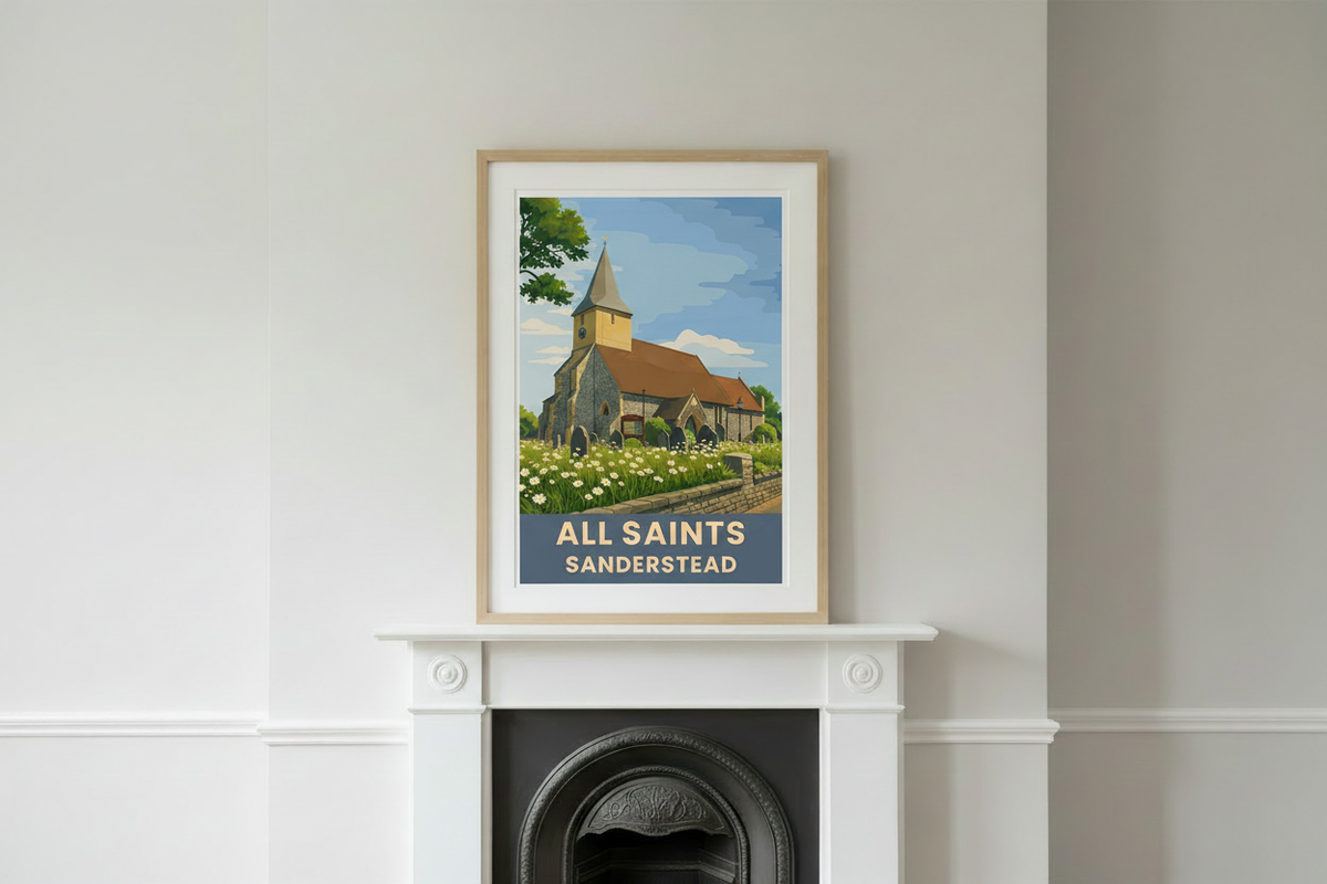 Victorian fireplace mockup with All Saints print