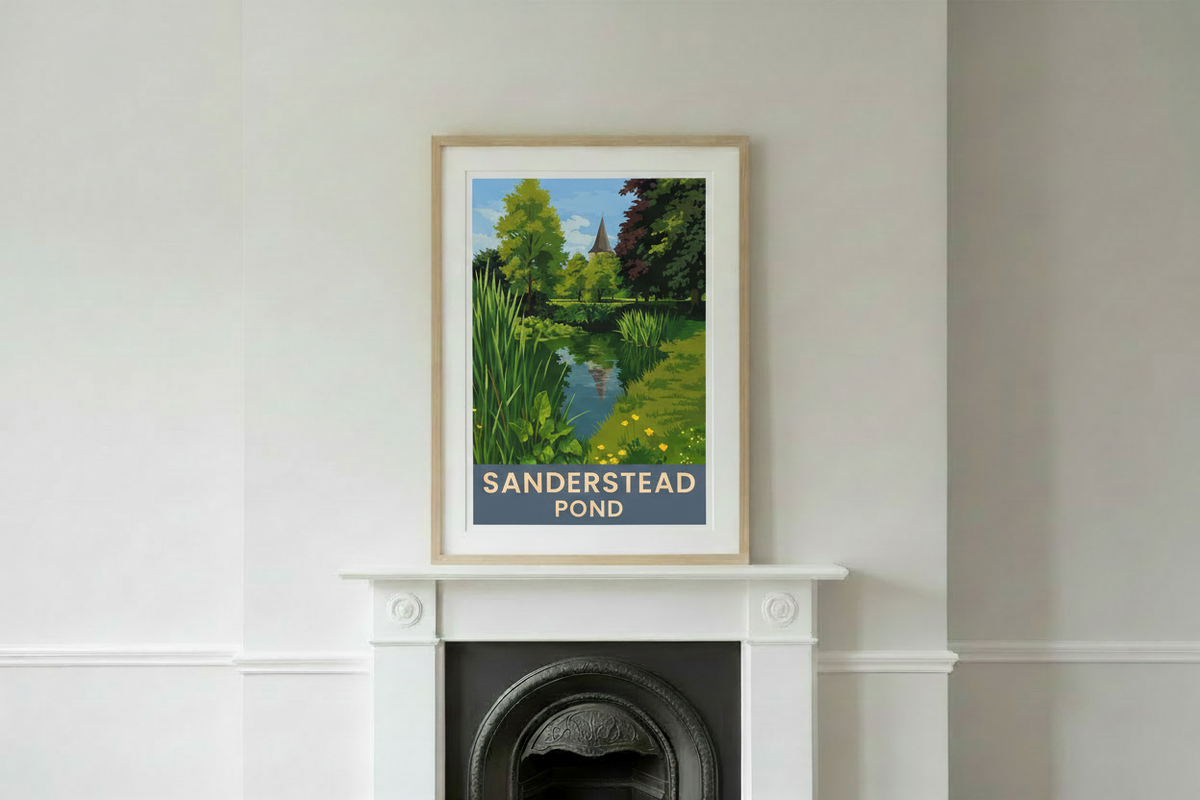 Victorian fireplace mockup with pond print