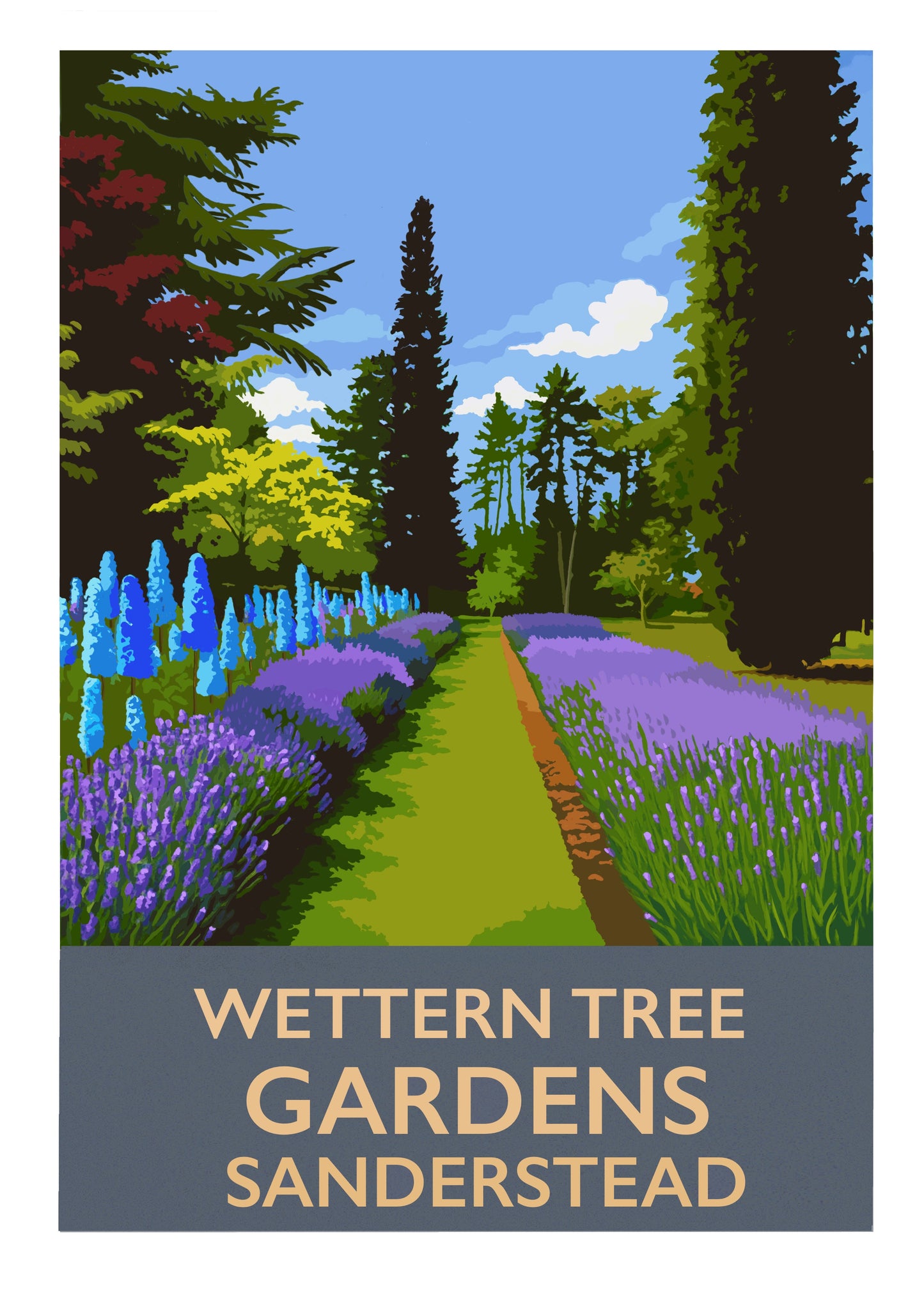 retro travel poster art print of Western Tree Gardens delphinium border Sanderstead